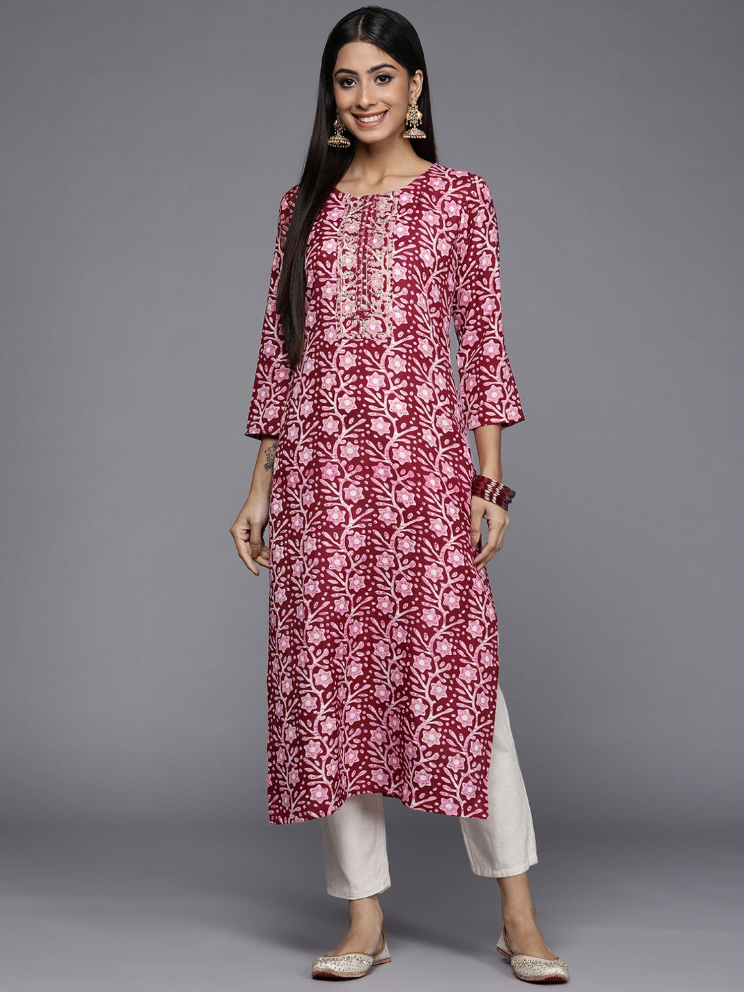 women workwear maroon cotton floral and embroidered kurta