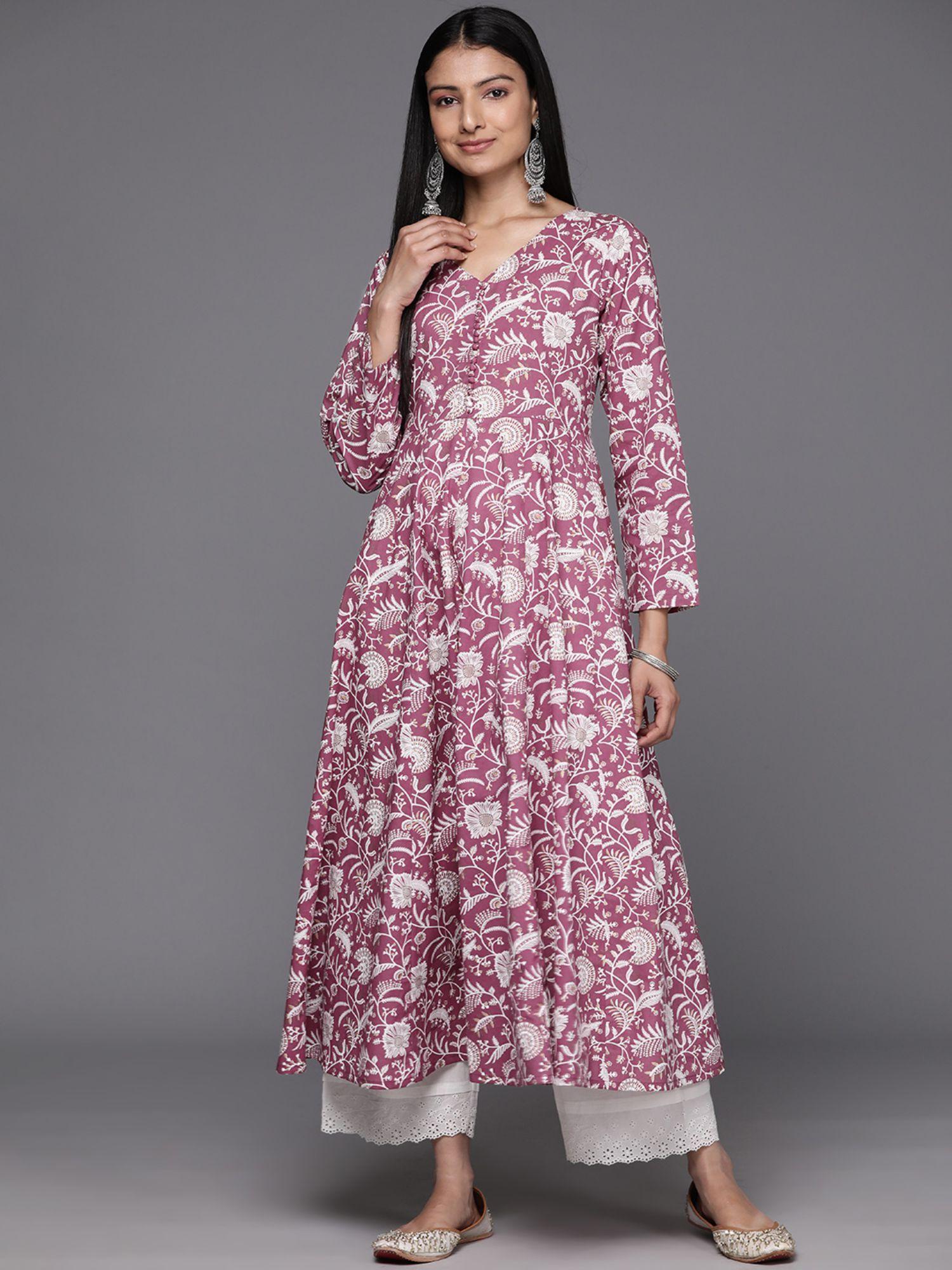 women workwear mauve cotton floral printed anarkali kurta