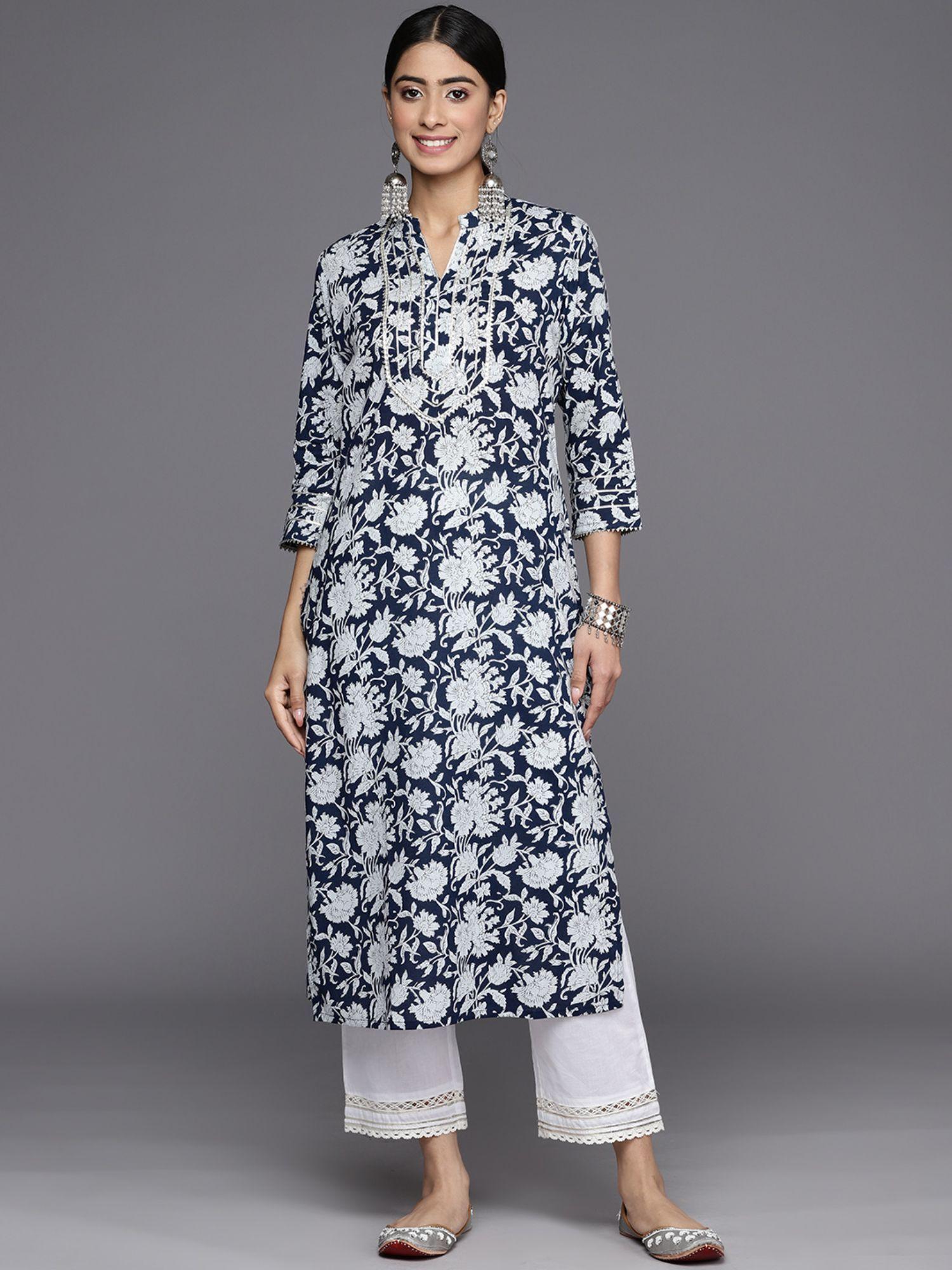 women workwear navy blue cotton floral and gota work kurta