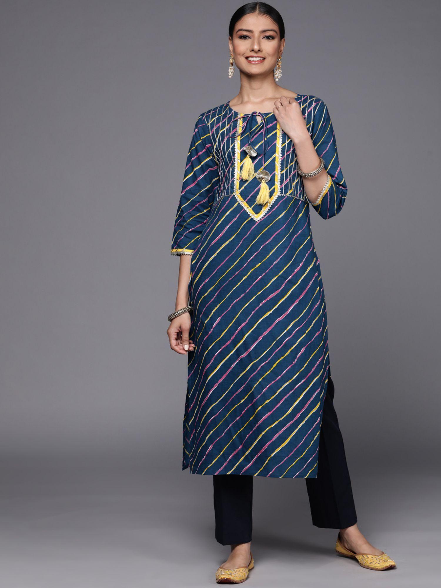 women workwear navy blue cotton stripes and gota work kurta