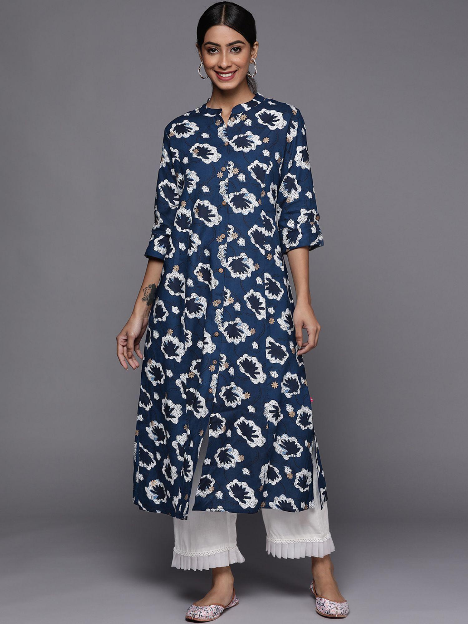 women workwear navy blue viscose printed kurta