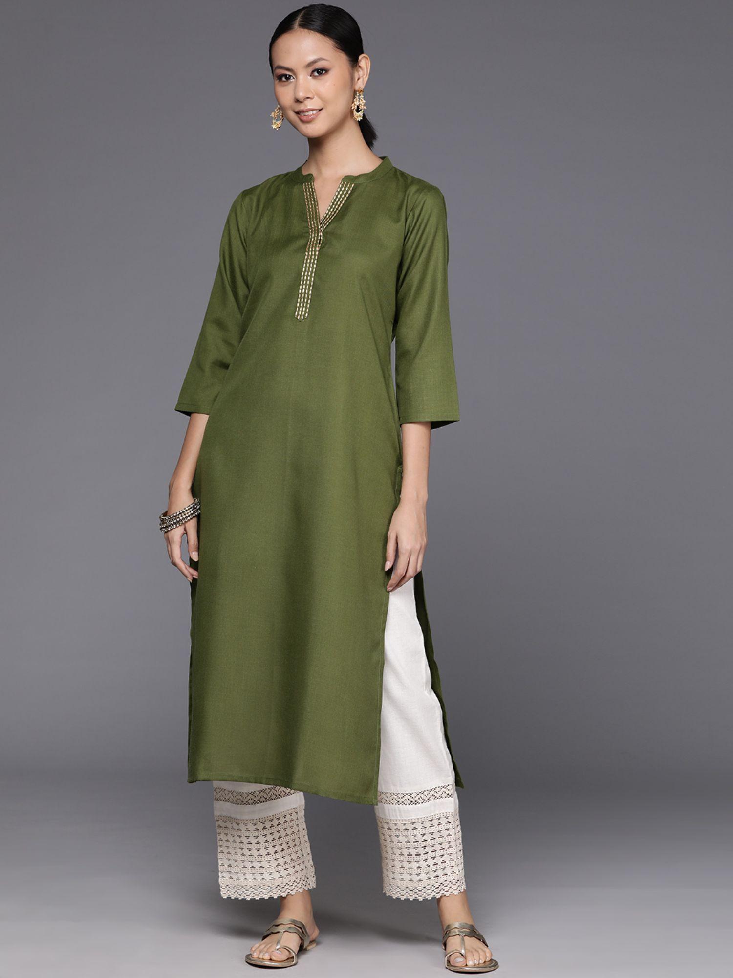 women workwear olive cotton solid and thread work kurta