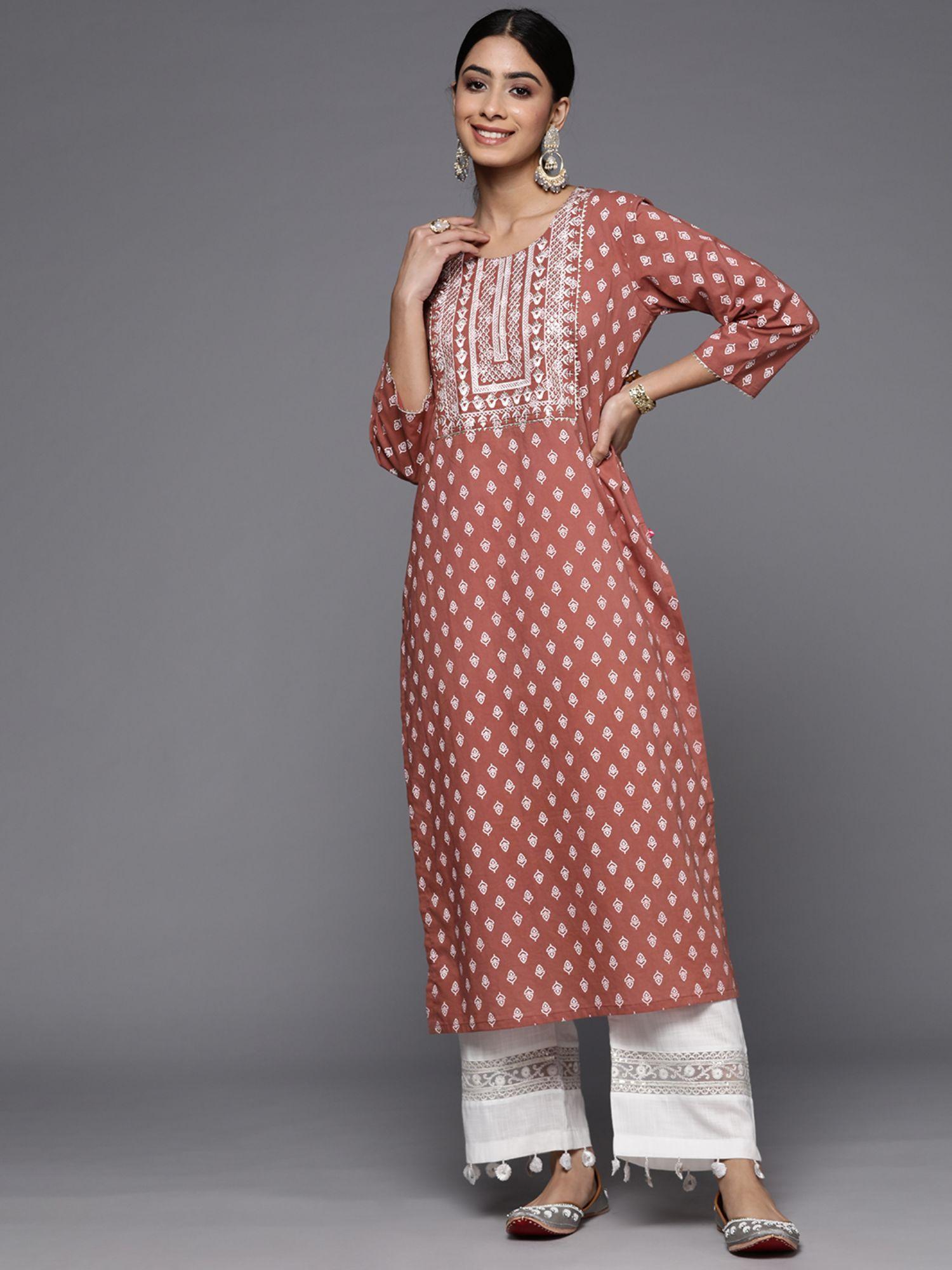 women workwear rust cotton floral and embroidered kurta