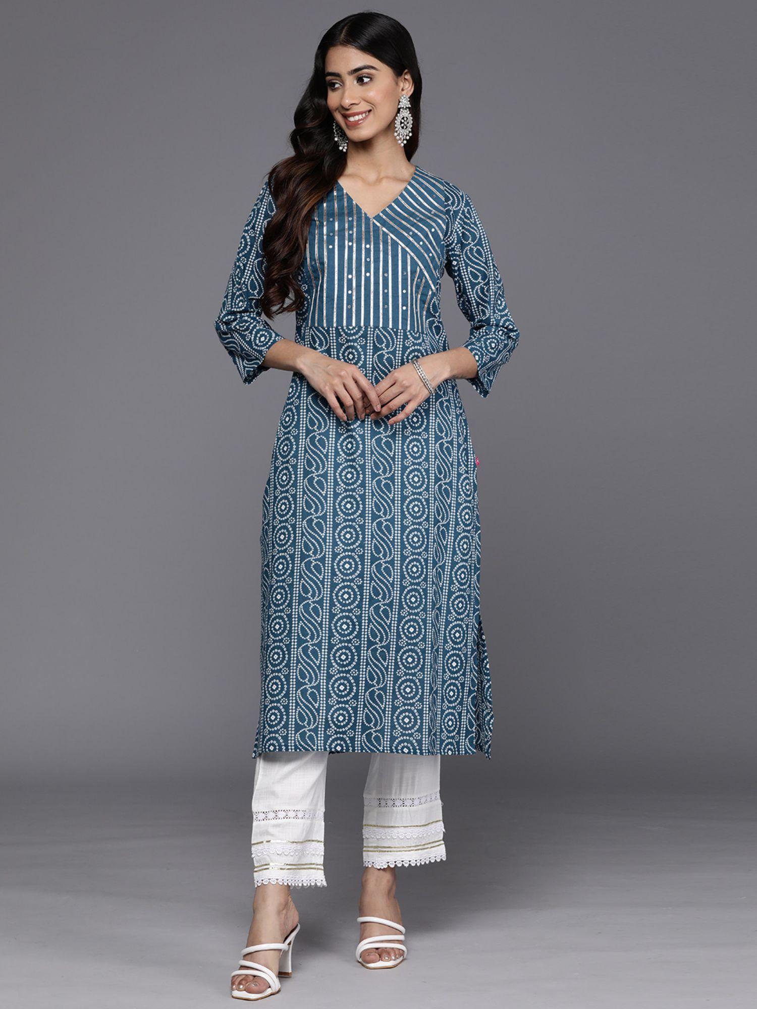 women workwear teal cotton printed and gota work kurta