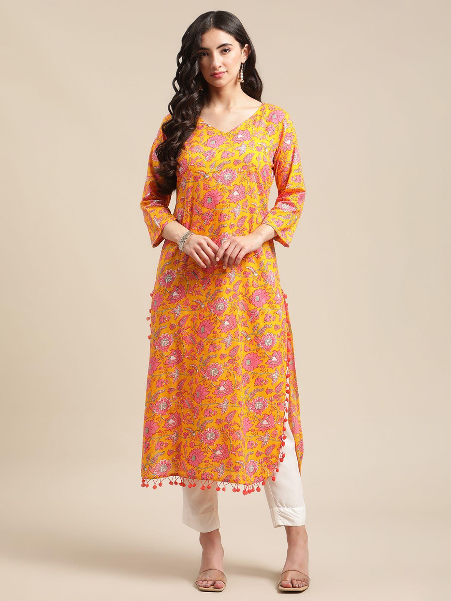 women workwear yellow cotton floral printed kurta