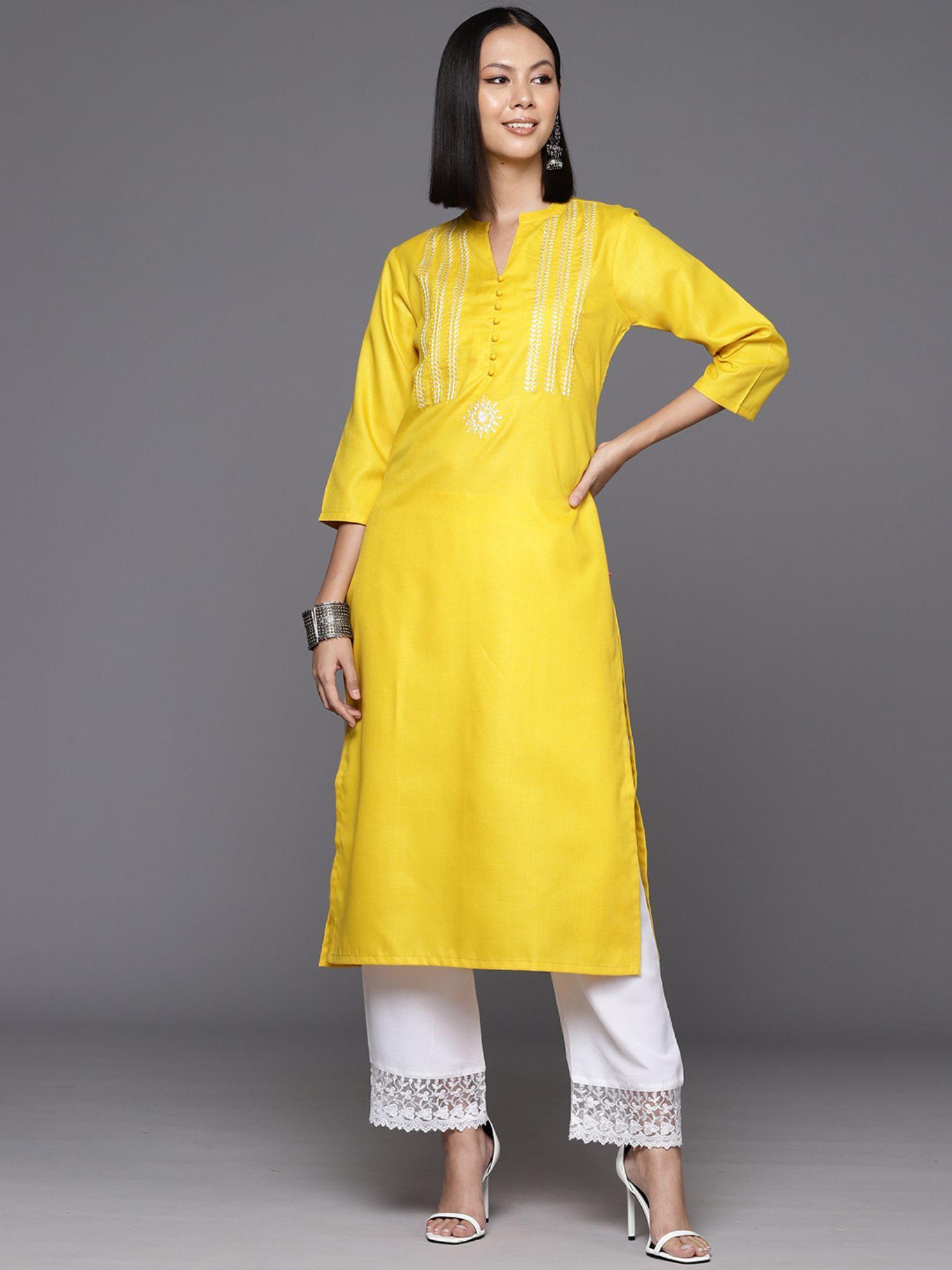 women workwear yellow cotton thread work embroidered kurta