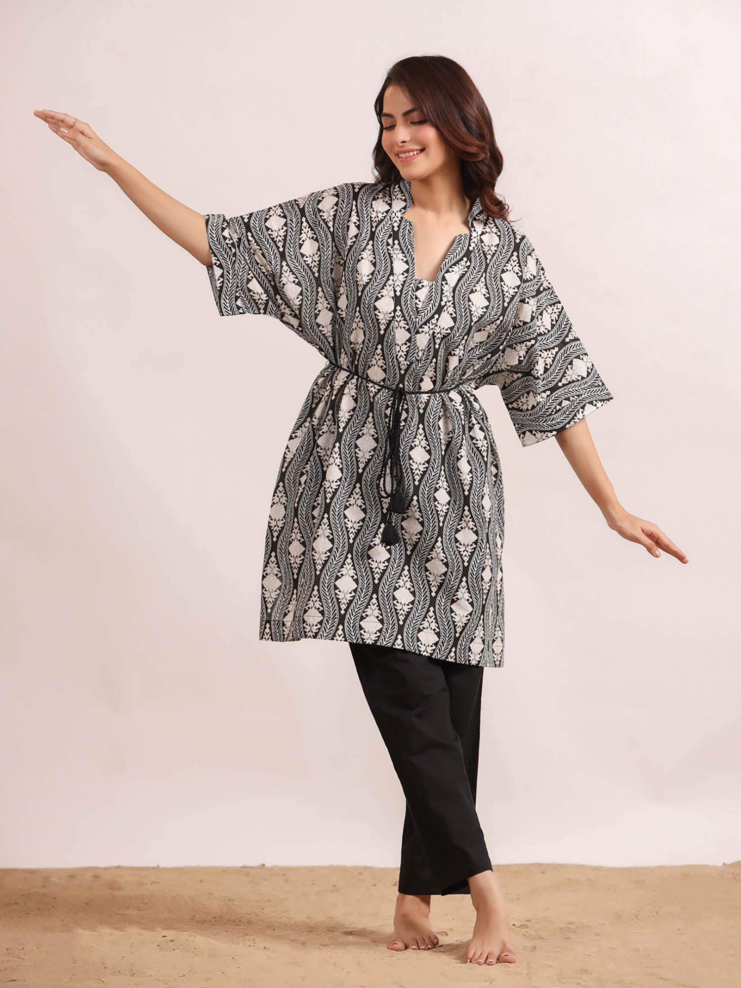 women woven cotton black colour geometric sleepwear night suit (set of 2)