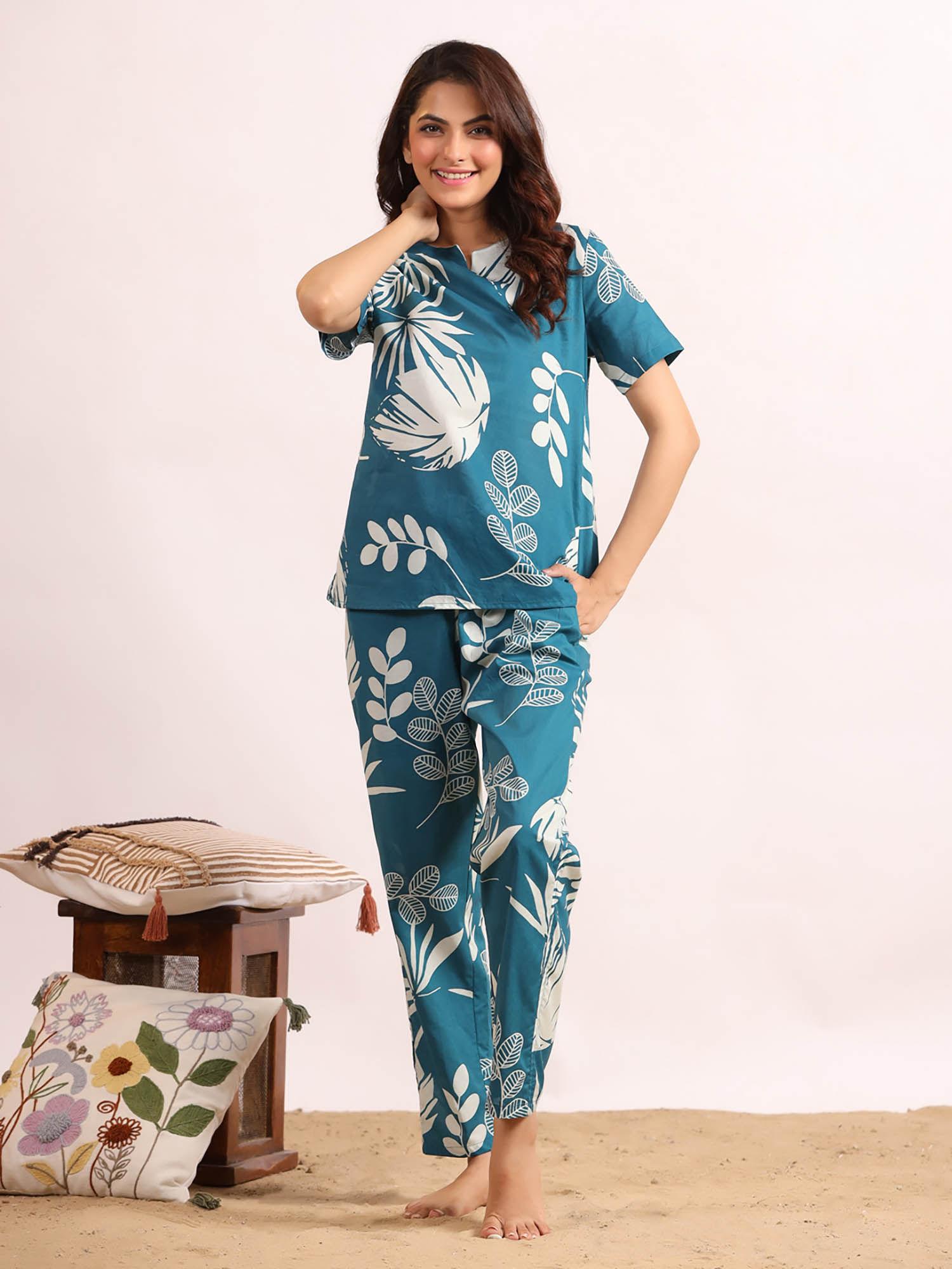 women woven cotton blue colour printed sleepwear night suit (set of 2)