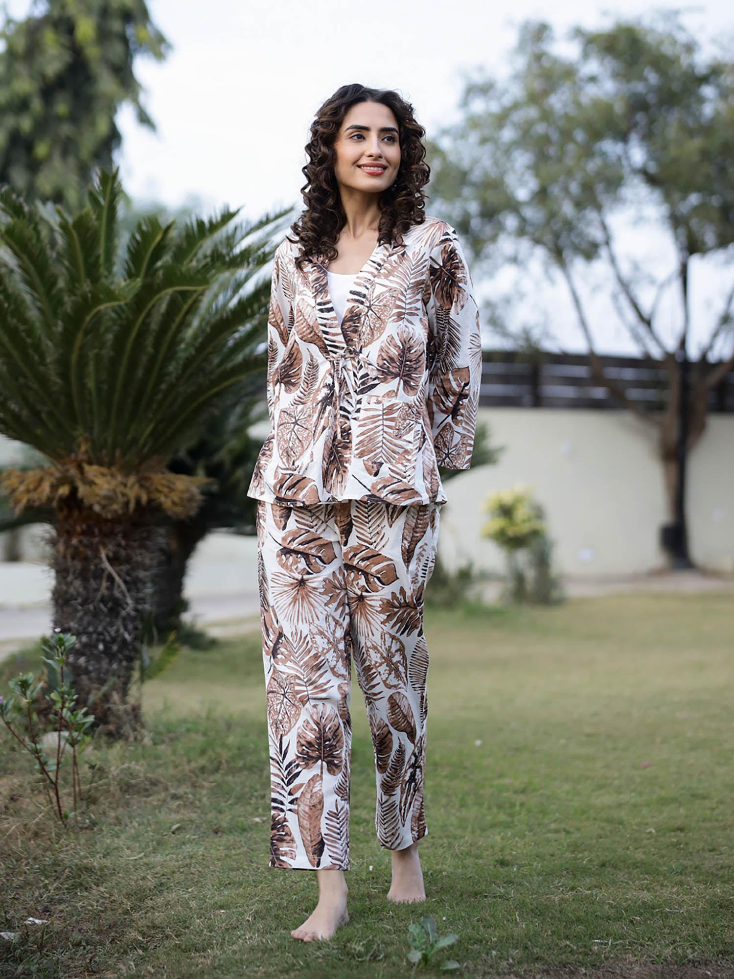 women woven cotton brown colour floral sleepwear night suit (set of 2)