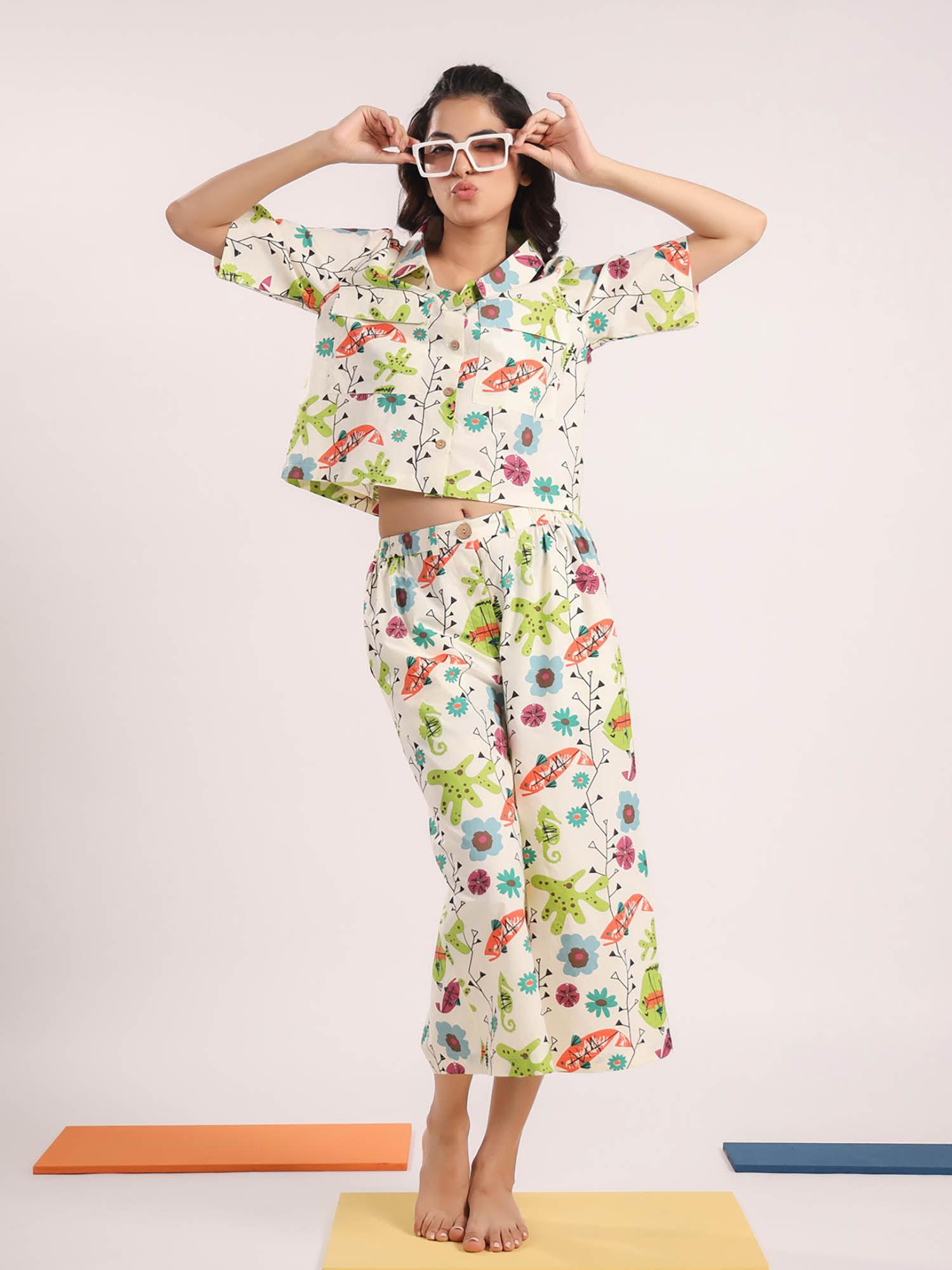 women woven cotton multi-color colour printed sleepwear night suit (set of 2)