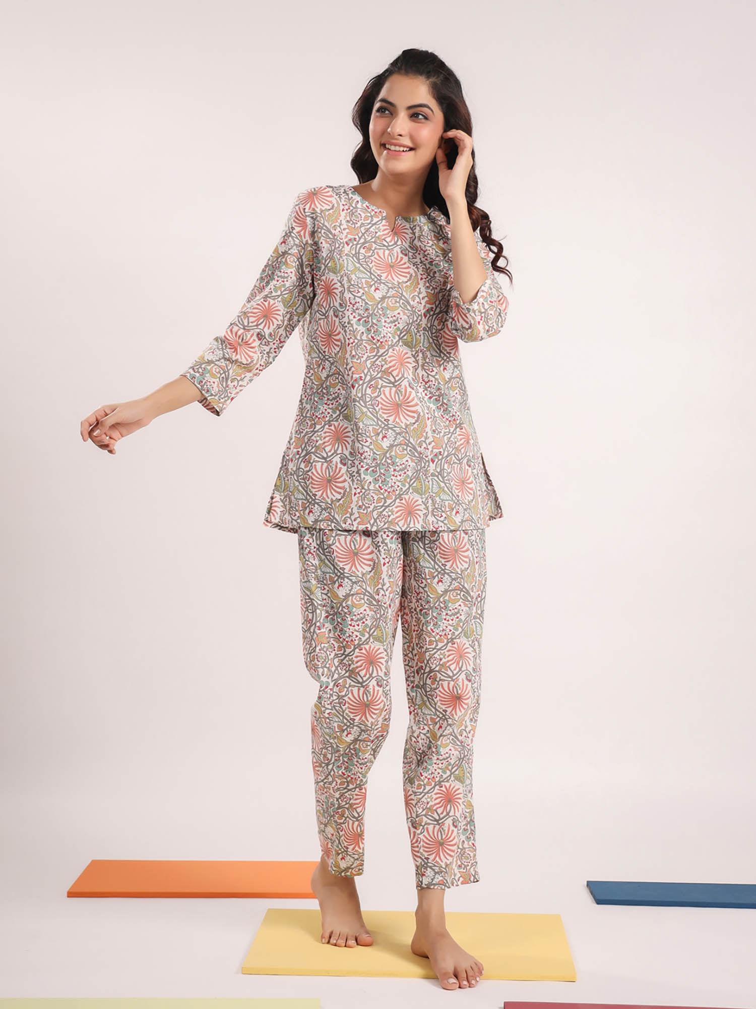 women woven cotton multi-color colour printed sleepwear night suit (set of 2)