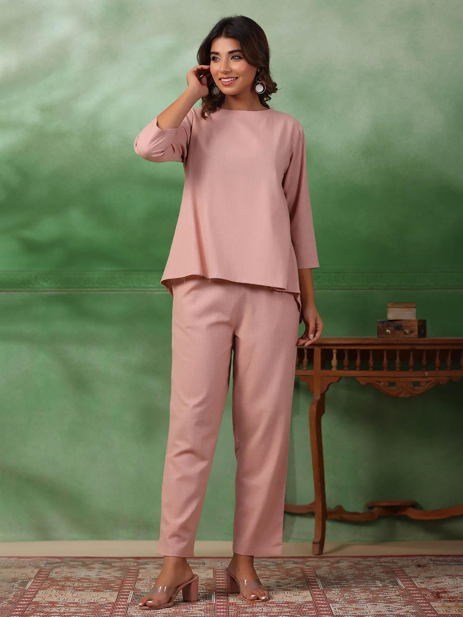 women woven cotton peach colour solid sleepwear night suit (set of 2)