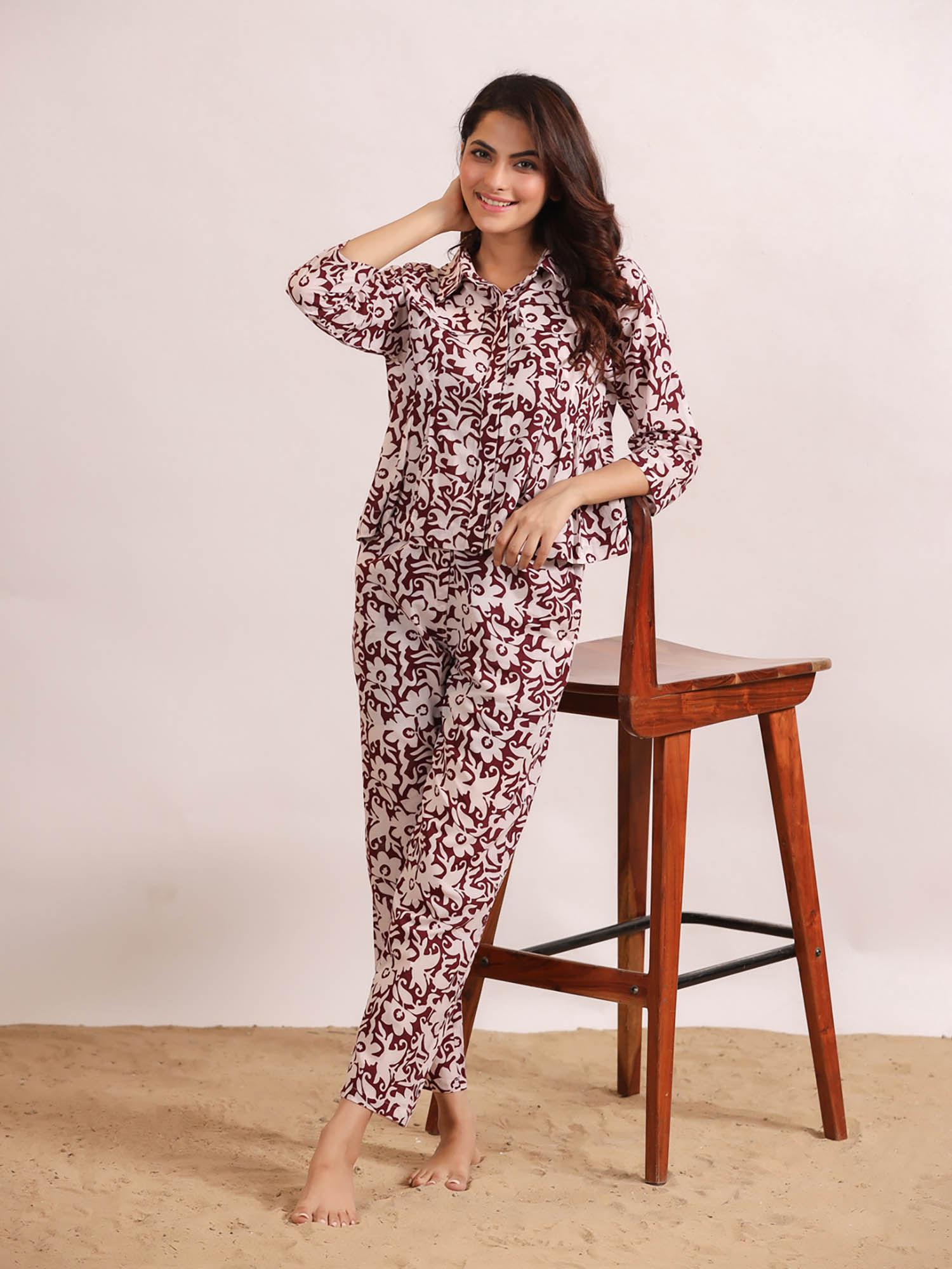 women woven cotton wine colour floral sleepwear night suit (set of 2)