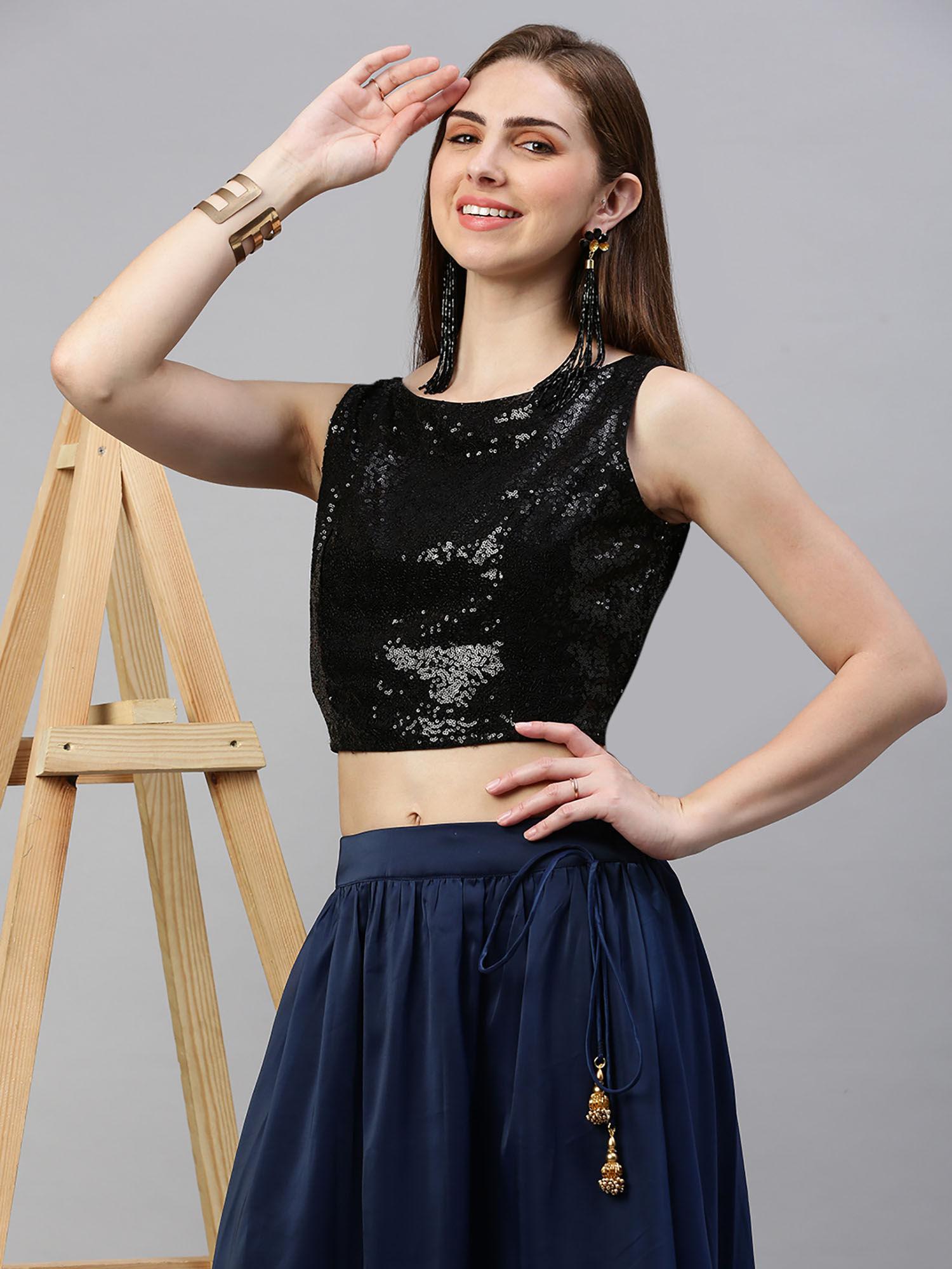 women woven embellished polyester black crop top