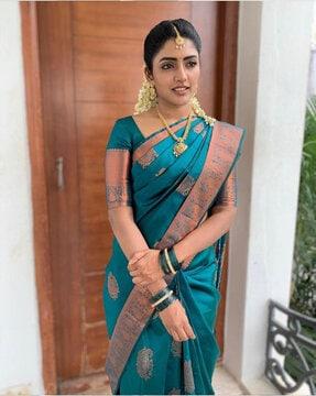 women woven kanjeevaram silk saree with contrast border