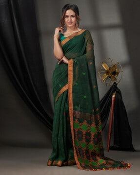 women woven linen saree with tassels