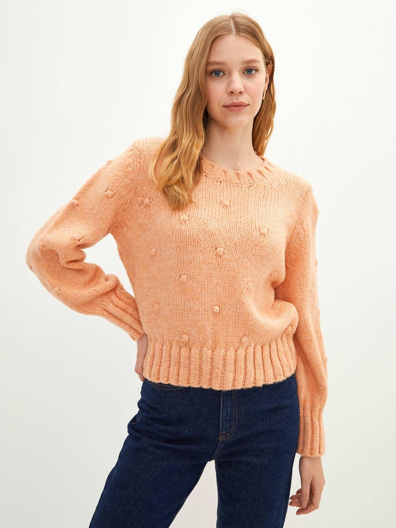 women woven pompom detailed knitwear orange sweater