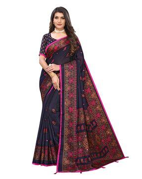 women woven saree with mirror work