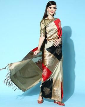 women woven saree with tassels