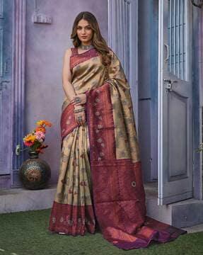 women woven silk saree with contrast border