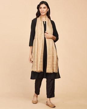 women woven stole with frayed hem