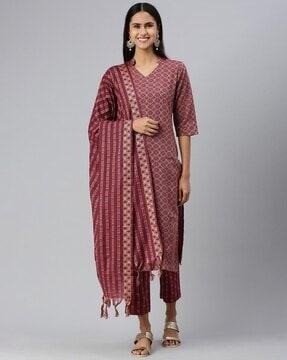 women woven straight kurta set with dupatta