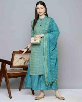 women woven straight kurta set with dupatta