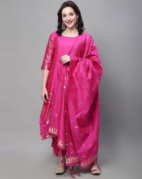 women woven straight kurta set with dupatta