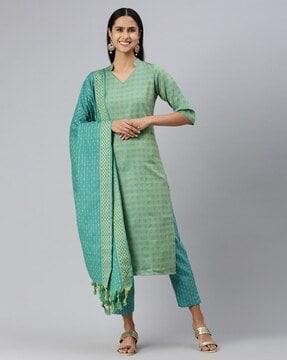 women woven straight kurta set with dupatta