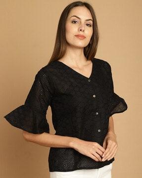 women woven v-neck top