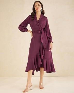 women wrap dress with cuffed sleeves