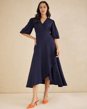 women wrap dress with puff sleeves