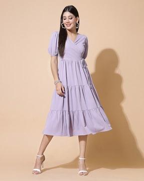 women wrap dress with puff sleeves