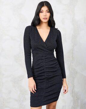 women wrap sheath dress with rouched detail