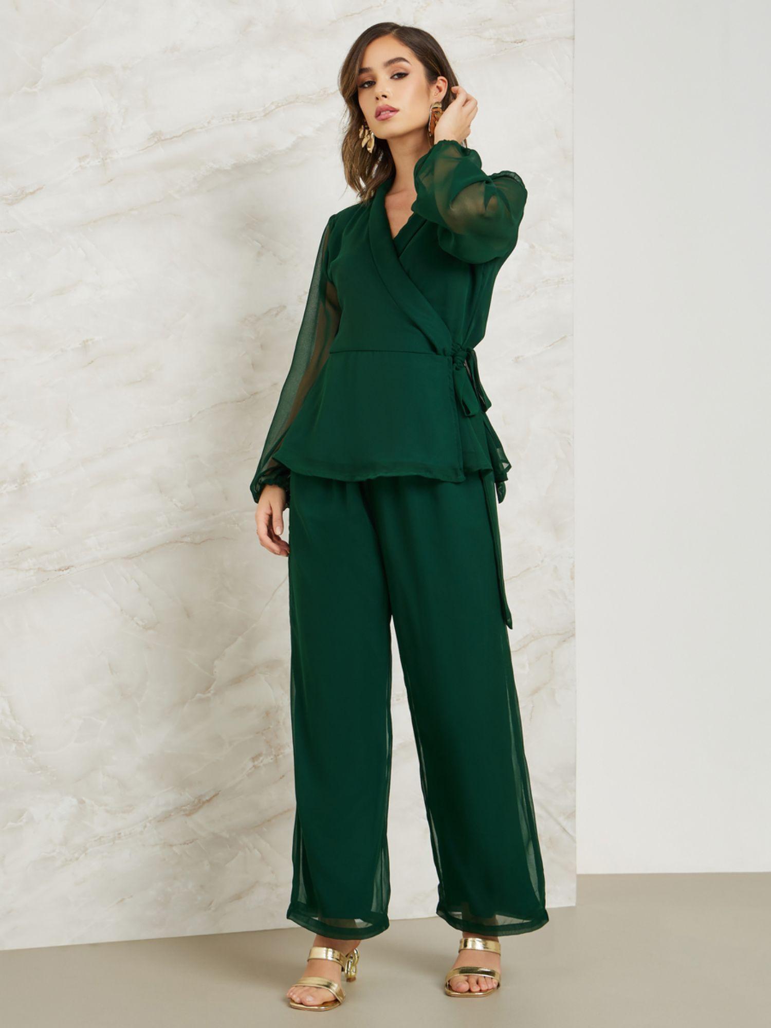 women wrap top with lapel collar and wide leg pants green (set of 2)