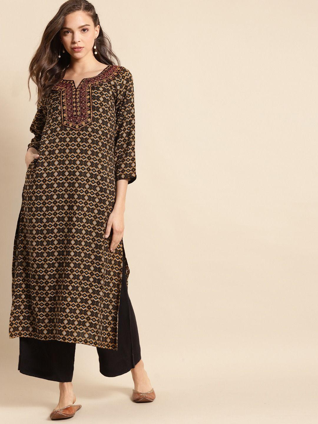 women yellow & black geometric print & embroidered straight kurta