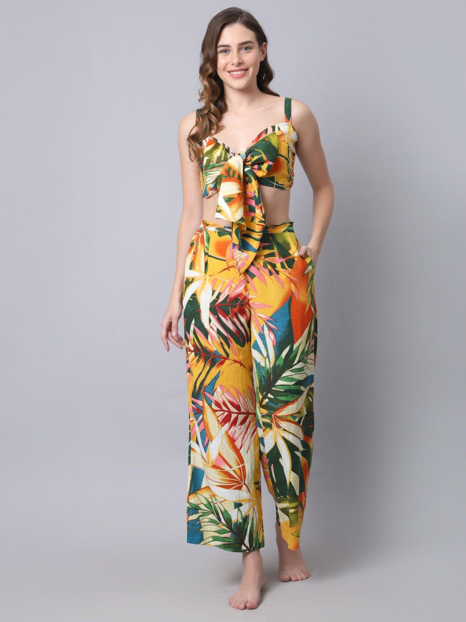 women yellow & green tropical printed beachwear set
