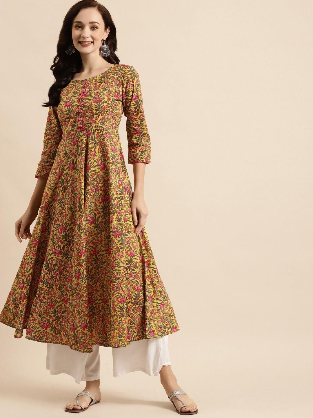 women yellow & pink cotton floral print a-line kurta