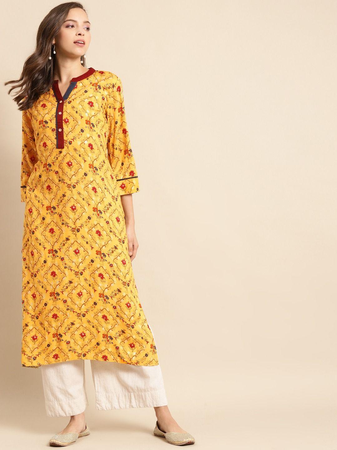 women yellow & red foil print straight kurta