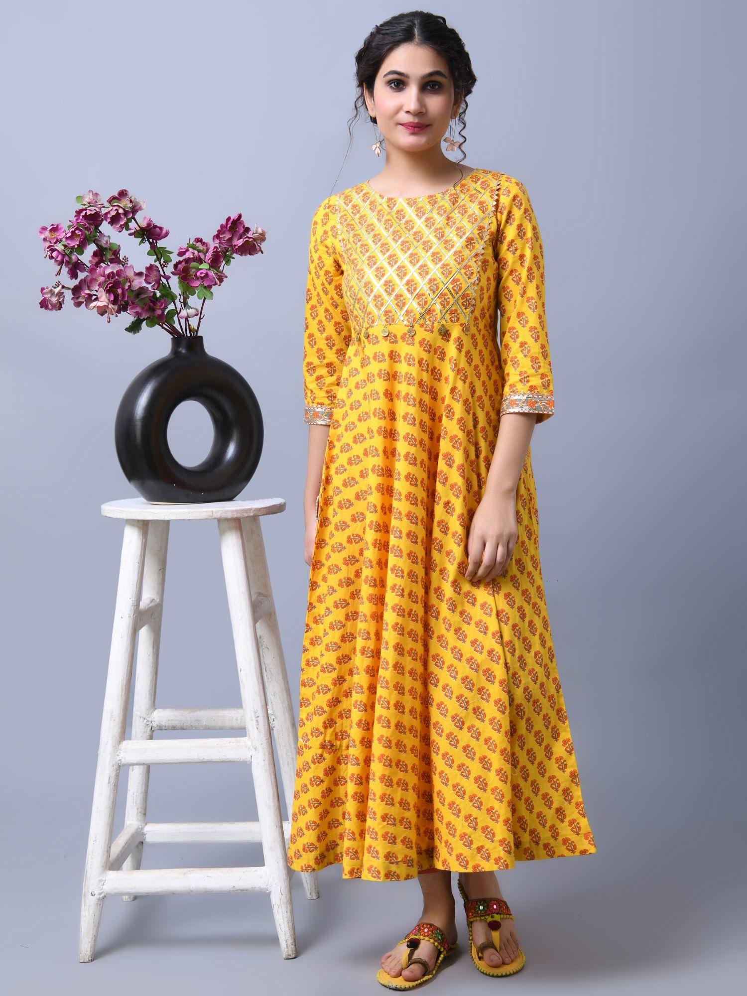 women yellow & red sanganeri block printed a-line kurta