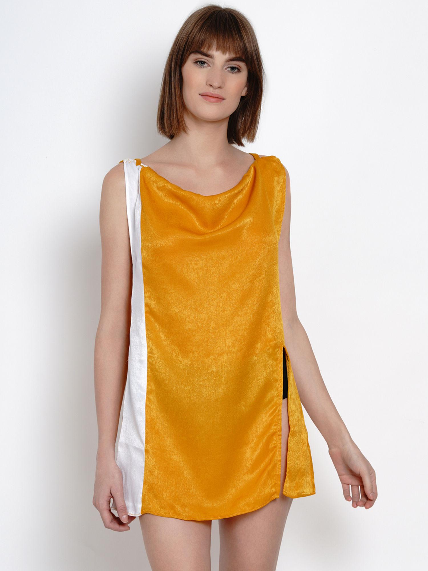 women yellow & white colorblocked satin nightdress