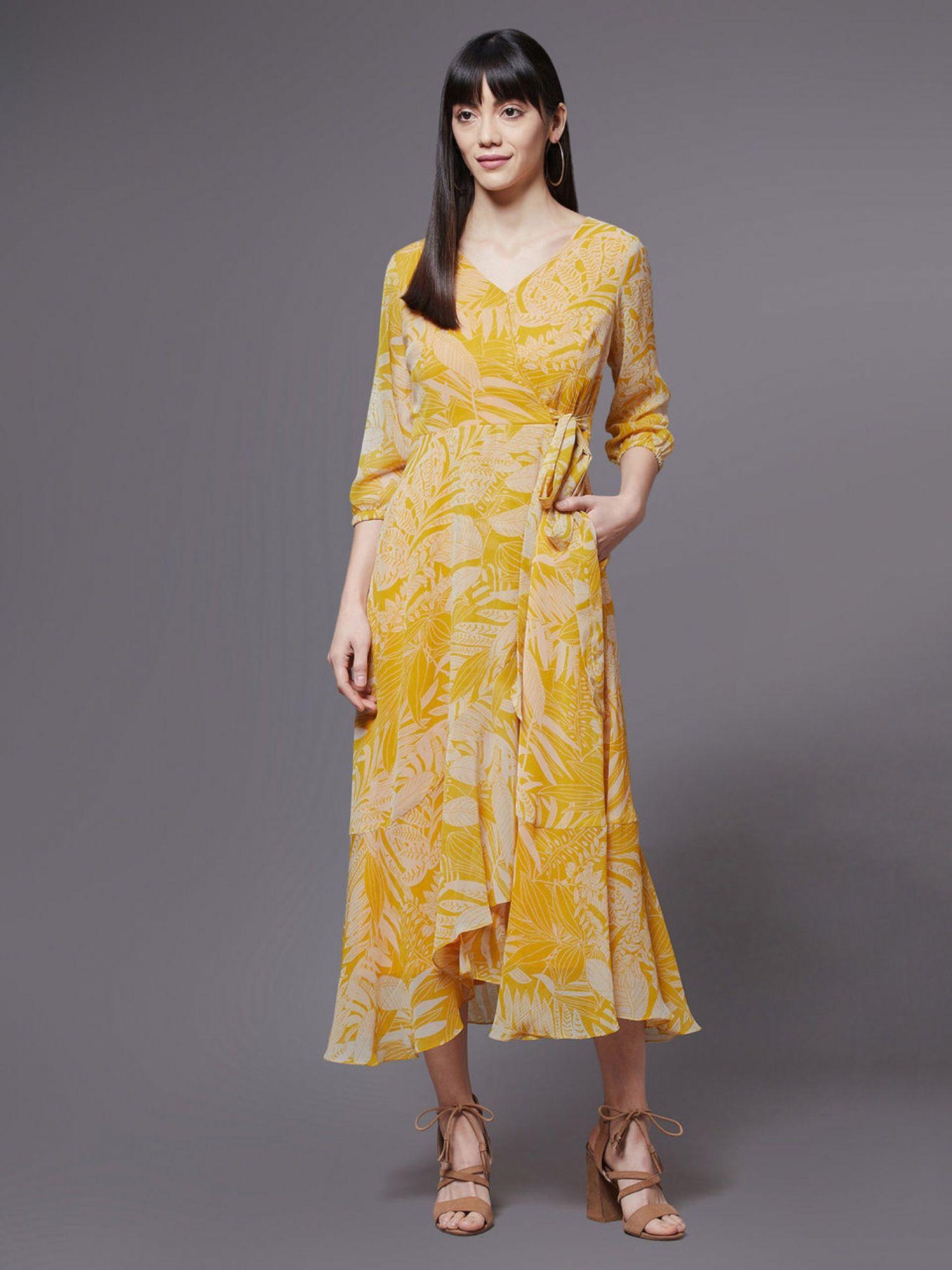 women yellow & white v neck full sleeve floral layered maxi dress