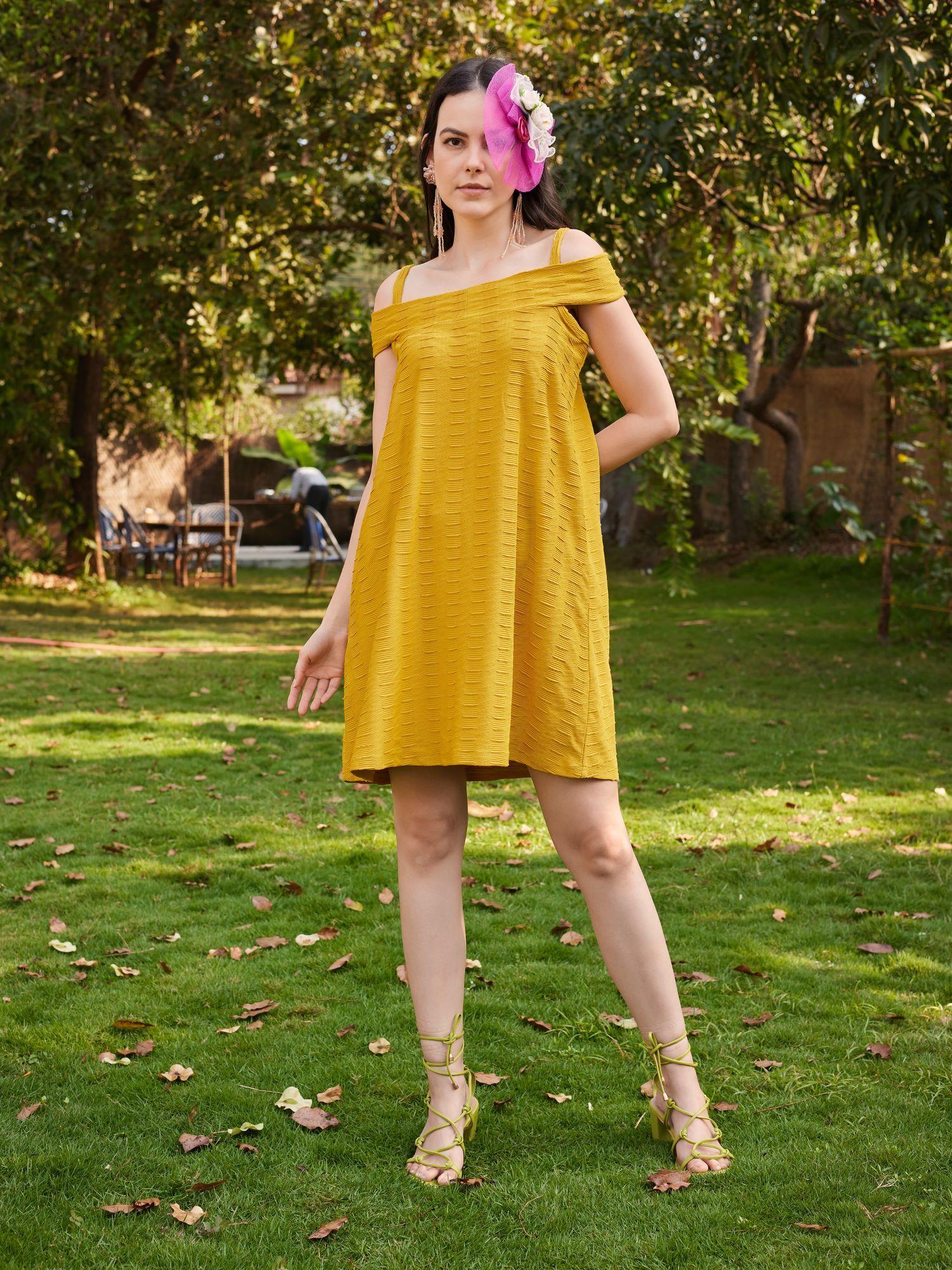 women yellow a-line tie-up flared dress