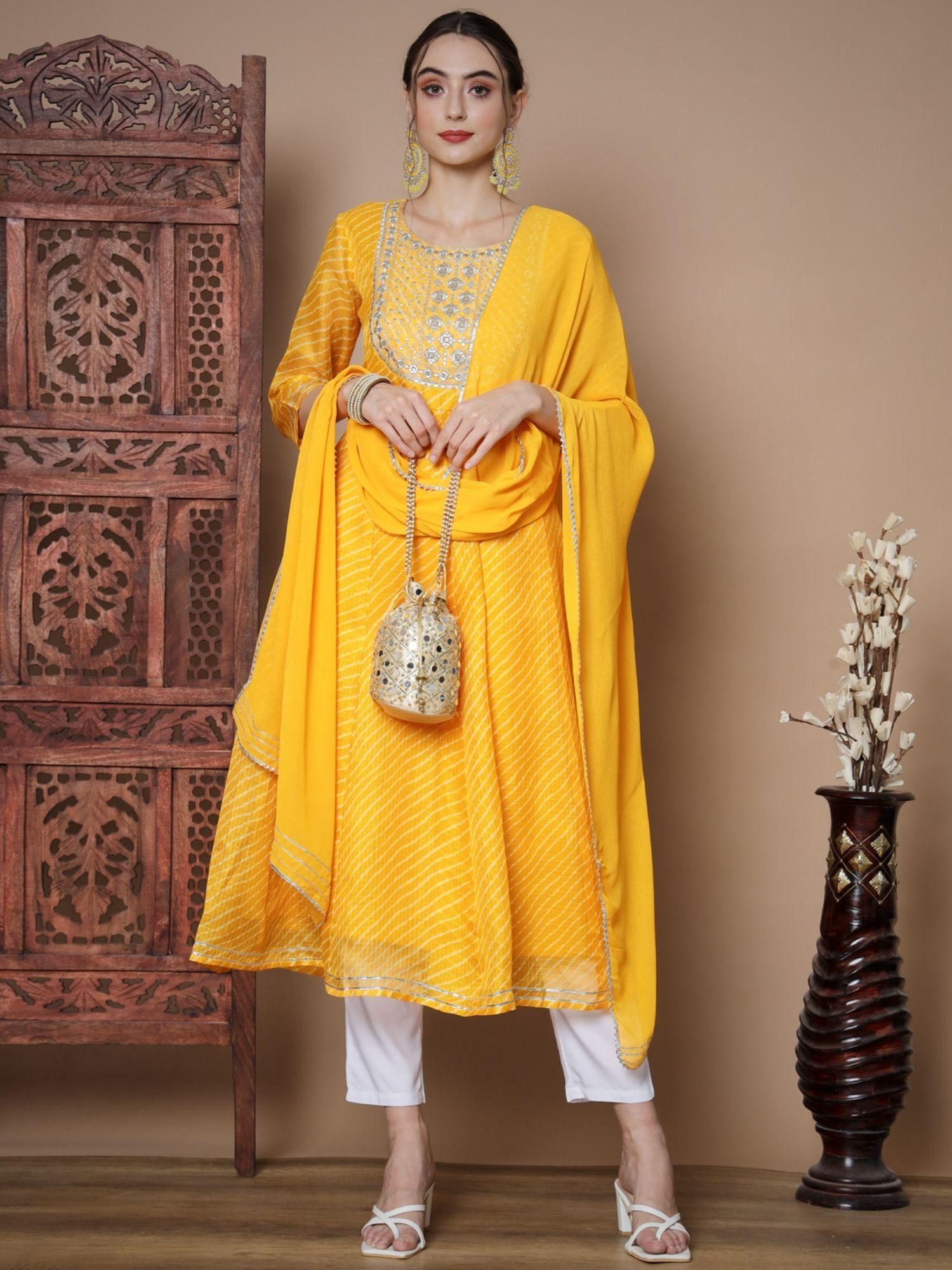 women yellow anarkali kurta and with dupatta (set of 3)