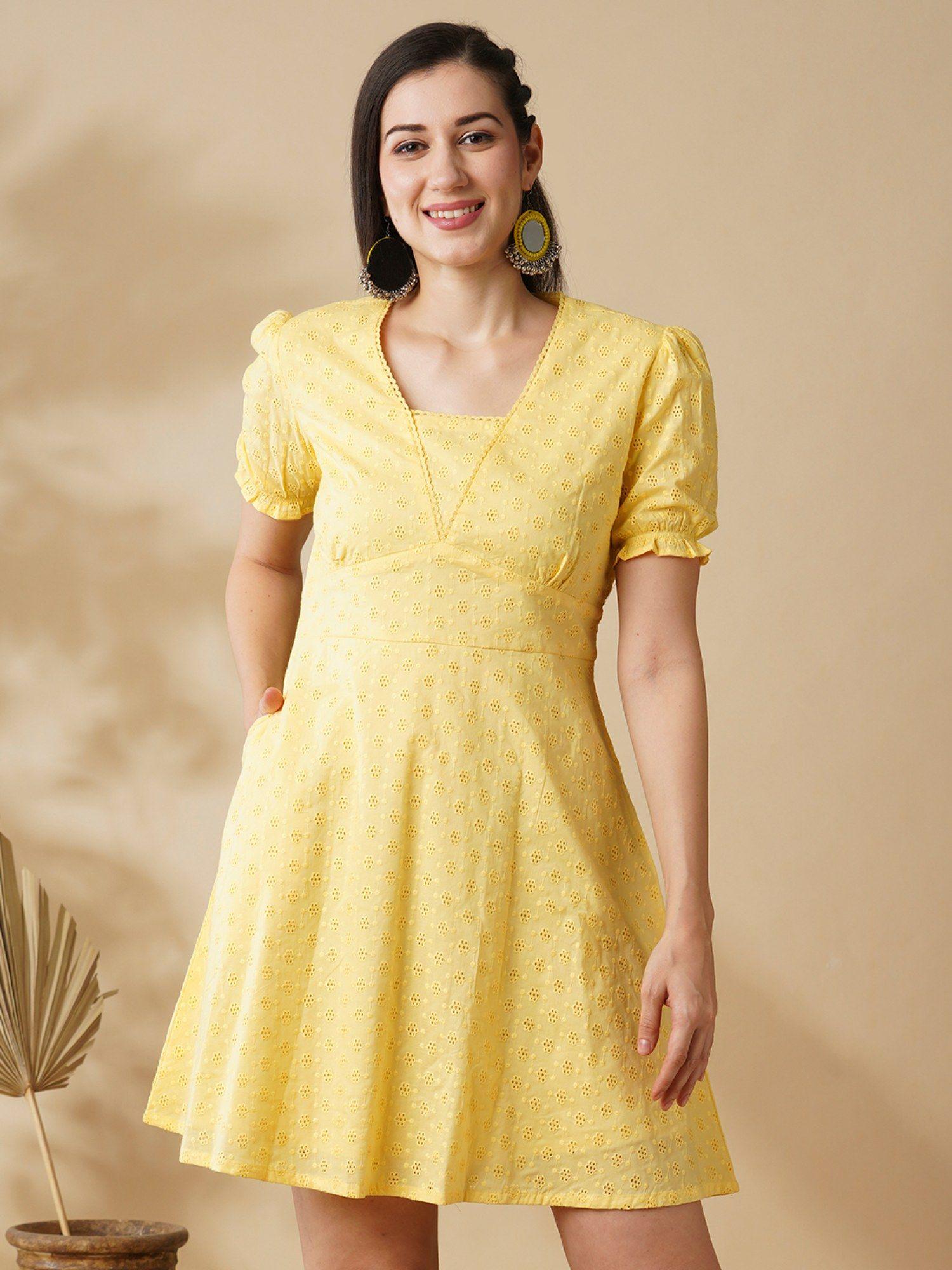 women yellow blue self-design v-neck puff sleeves flared hem a-line ethnic dress