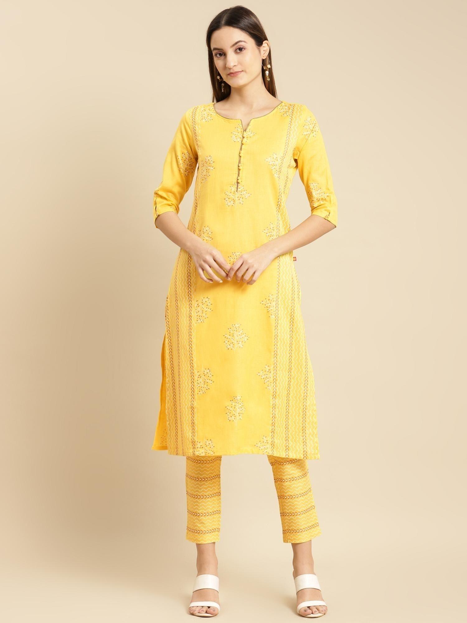 women yellow buta printed straight kurta with pant (set of 2)