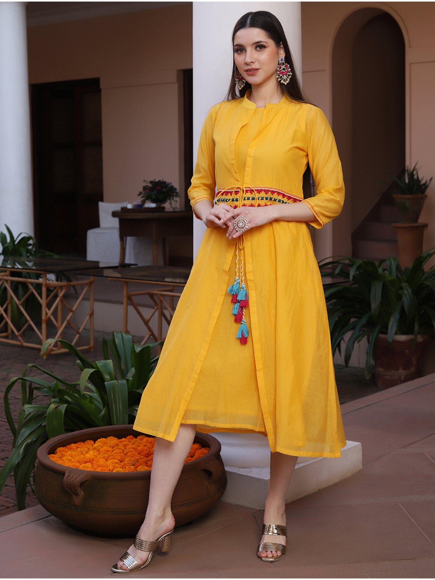 women yellow chanderi embroidered midi dress with jacket (set of 2)