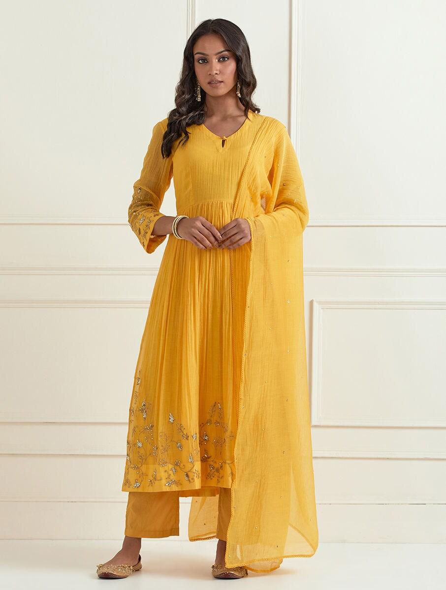 women yellow chanderi silk embroidered keyhole neck anarkali regular kurta, pants & dupatta