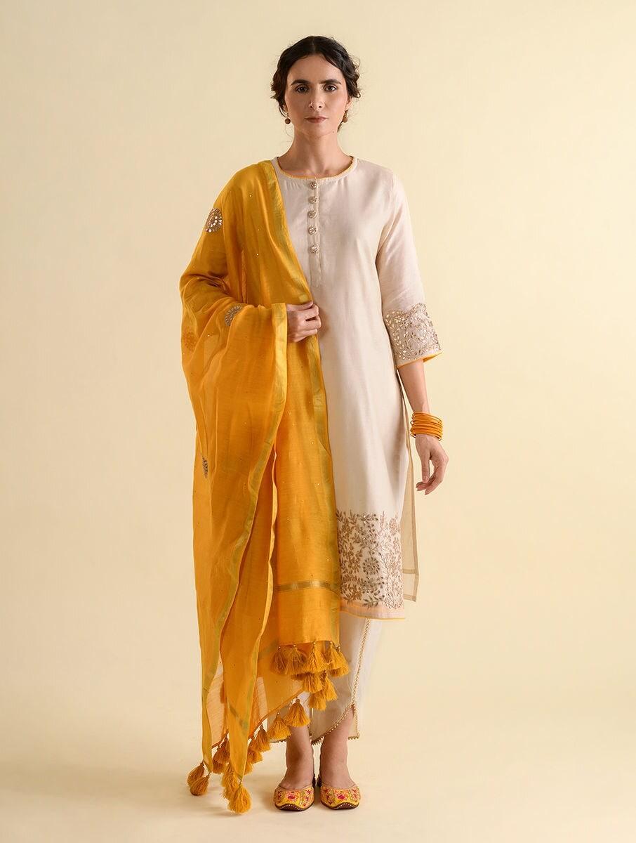 women yellow chanderi silk embroidered round neck a line regular kurta, pants & dupatta