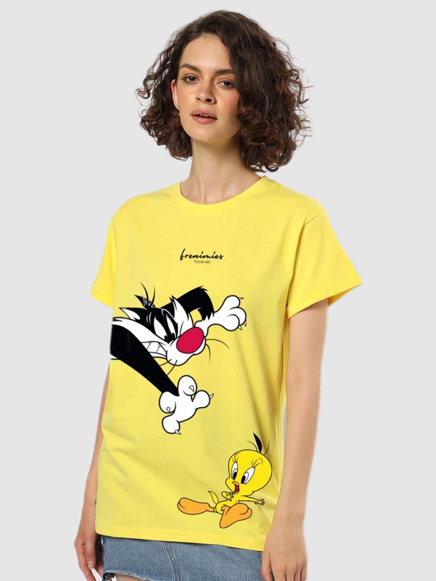 women yellow character print t-shirt